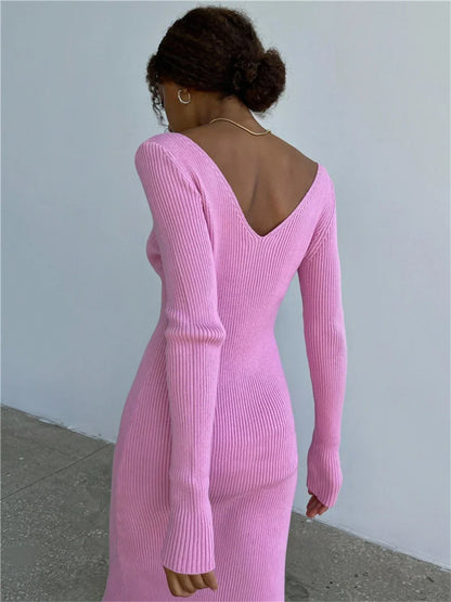 Fall Winter Knit Rib Long Sleeve V Neck Backless Midi Dress