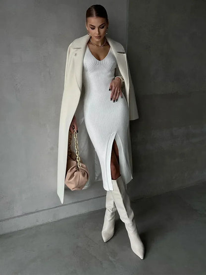 Fall Winter V-Neck Knitted Party Slit Long Sleeve Sweaters Midi Dress