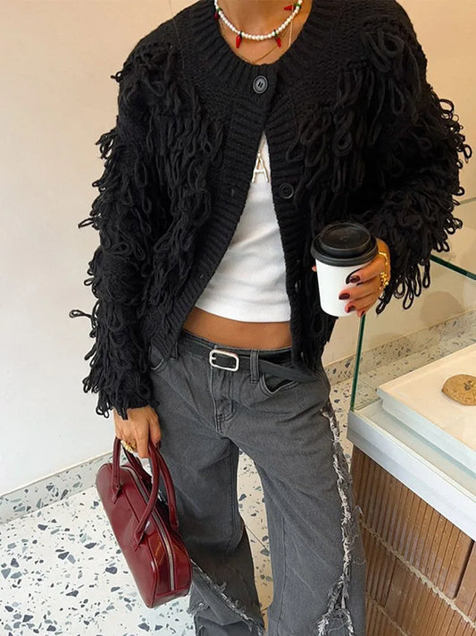 Black Tassel Round Neck Cardigan