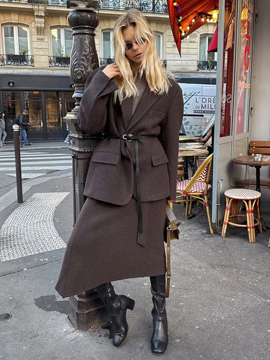 Brown Lapel Blazer Belted Wool Coat