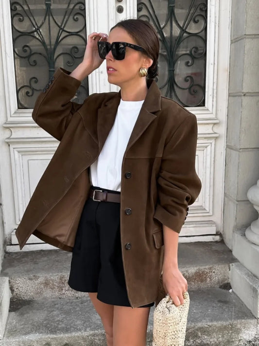 Brown Double Pocket Blazer Short Coat