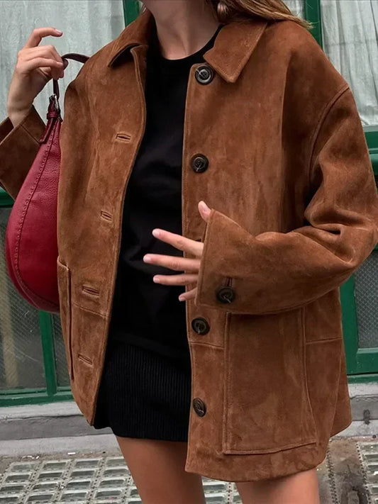 Brown Stand Collar Suede Coat