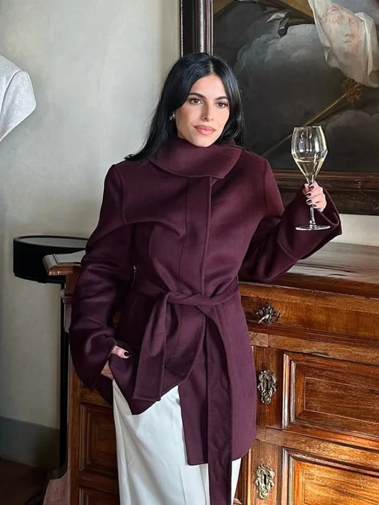 Burgundy Wool Blends Midi Coat