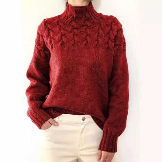 Electric Cable Woven  Turtleneck  Solid Color Sweater