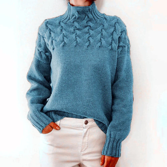 Electric Cable Woven  Turtleneck  Solid Color Sweater