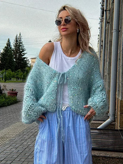 Glitter Lace Up Elegant V-neck Cardigan