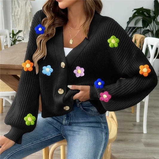 Black Lantern Sleeve Flower Button-Up Knitted Cardigan