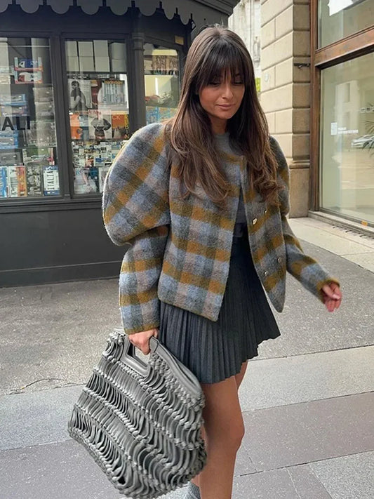 Plaid Print Woolen Short Coat