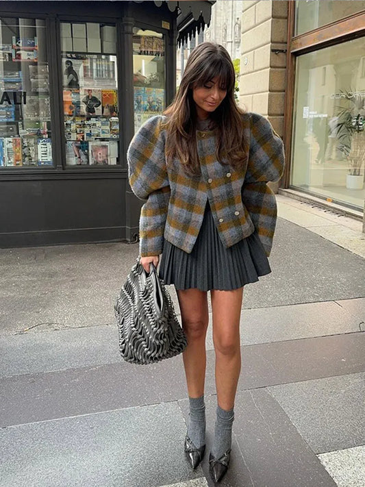 Plaid Print Woolen Short Coat