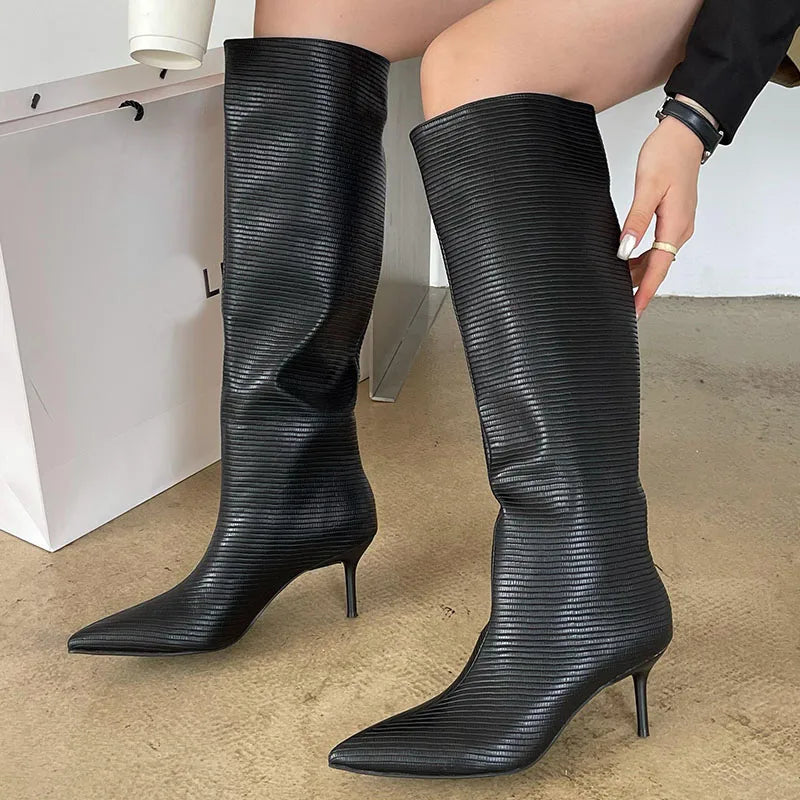 Modern Women Knee High Boots Party Ladies Western Long Booties Thin Low Heel Shoes