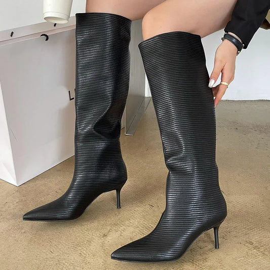 Modern Women Knee High Boots Party Ladies Western Long Booties Thin Low Heel Shoes