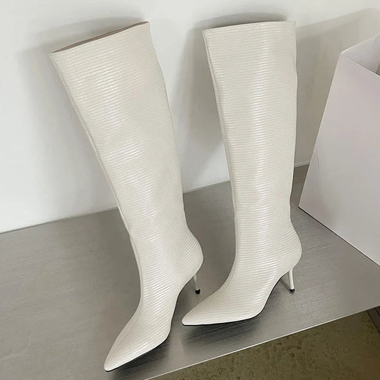 Fashion Pointed Designer Modern Party Western Long Thin Low Heel Knee High Boot