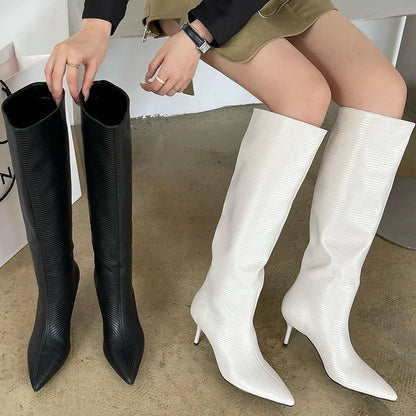 Modern Women Knee High Boots Party Ladies Western Long Booties Thin Low Heel Shoes