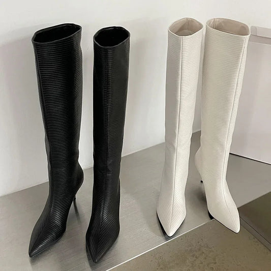 Fashion Pointed Designer Modern Party Western Long Thin Low Heel Knee High Boot