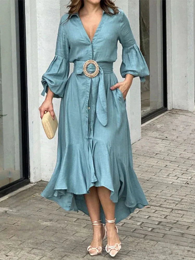 Fashion Ruffle Women's Shirt Casual V Neck Lantern Sleeve With Pocket Long Skirt 2024 Spring Lady Streetwear Midi Dress