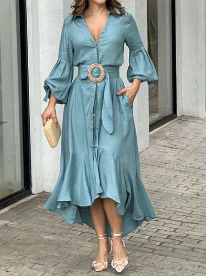 Fashion Ruffle Women's Shirt Casual V Neck Lantern Sleeve With Pocket Long Skirt 2024 Spring Lady Streetwear Midi Dress