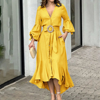 Fashion Ruffle Women's Shirt Casual V Neck Lantern Sleeve With Pocket Long Skirt 2024 Spring Lady Streetwear Midi Dress