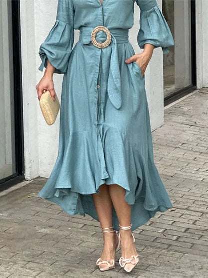 Fashion Ruffle Women's Shirt Casual V Neck Lantern Sleeve With Pocket Long Skirt 2024 Spring Lady Streetwear Midi Dress