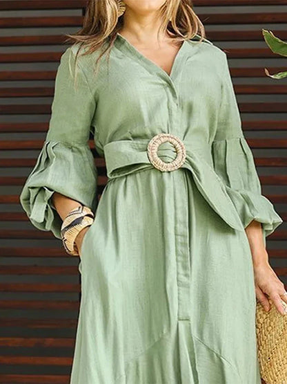 Fashion Ruffle Women's Shirt Casual V Neck Lantern Sleeve With Pocket Long Skirt 2024 Spring Lady Streetwear Midi Dress