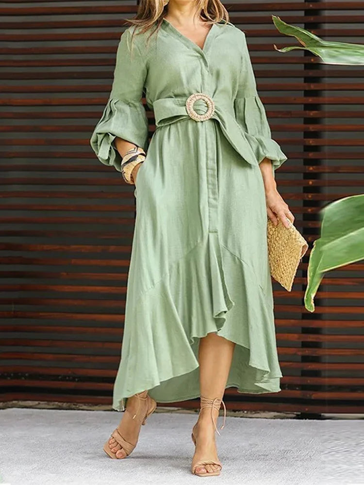 Fashion Ruffle Women's Shirt Casual V Neck Lantern Sleeve With Pocket Long Skirt 2024 Spring Lady Streetwear Midi Dress