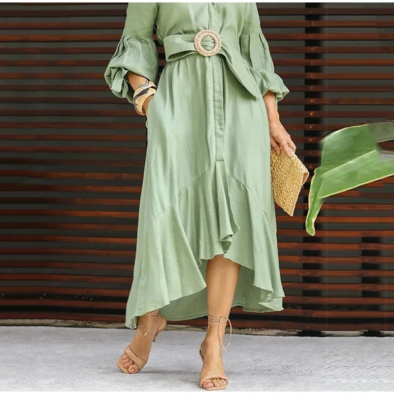 Fashion Ruffle Women's Shirt Casual V Neck Lantern Sleeve With Pocket Long Skirt 2024 Spring Lady Streetwear Midi Dress