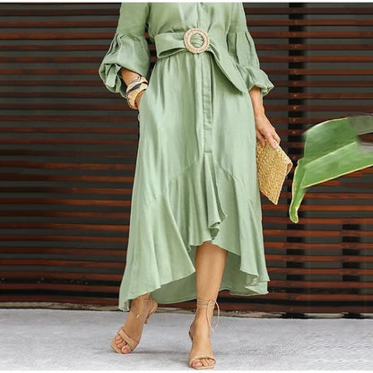 Fashion Ruffle Women's Shirt Casual V Neck Lantern Sleeve With Pocket Long Skirt 2024 Spring Lady Streetwear Midi Dress