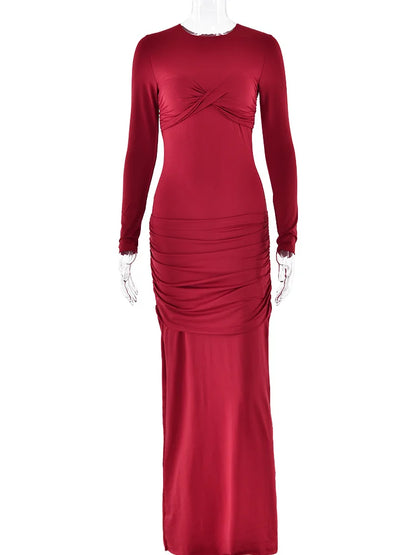 Fashion O-neck Long Sleeve High Waist Bodycon Red Christmas Party Dress