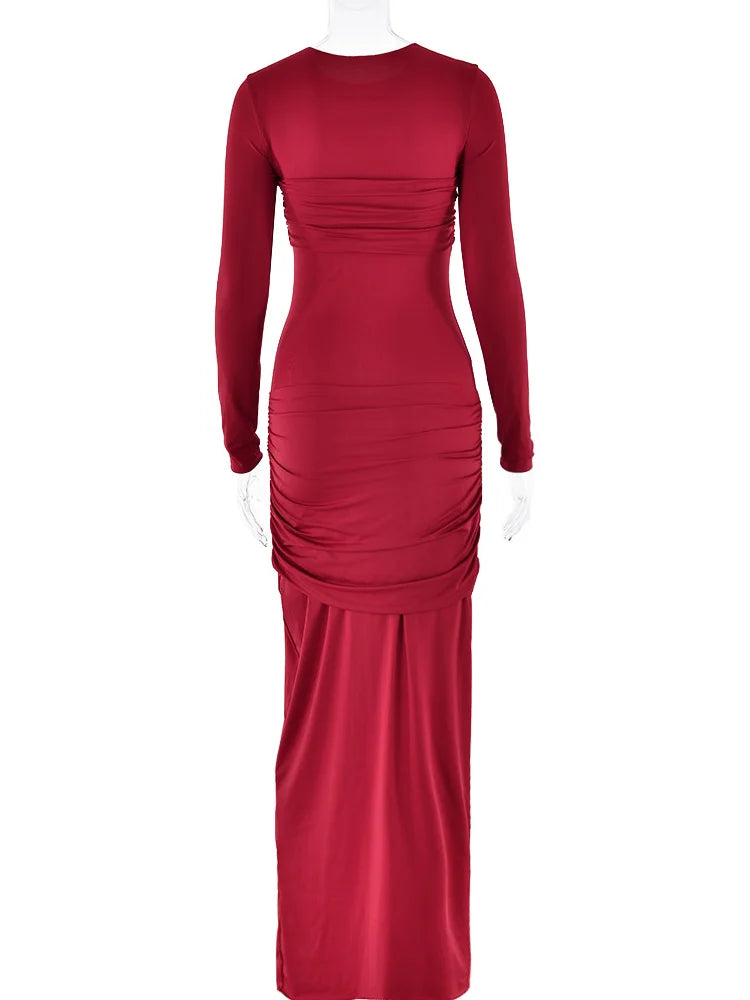 Fashion O-neck Long Sleeve High Waist Bodycon Red Christmas Party Dress