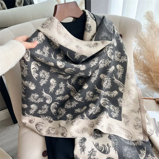 Poncho Cashmere Feather Print Scarf