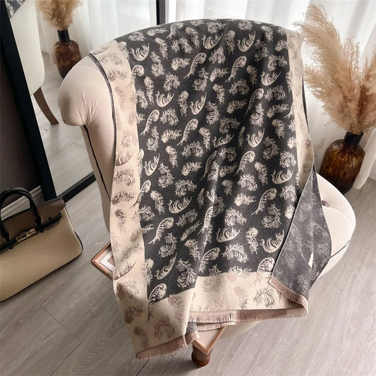 Poncho Cashmere Feather Print Scarf