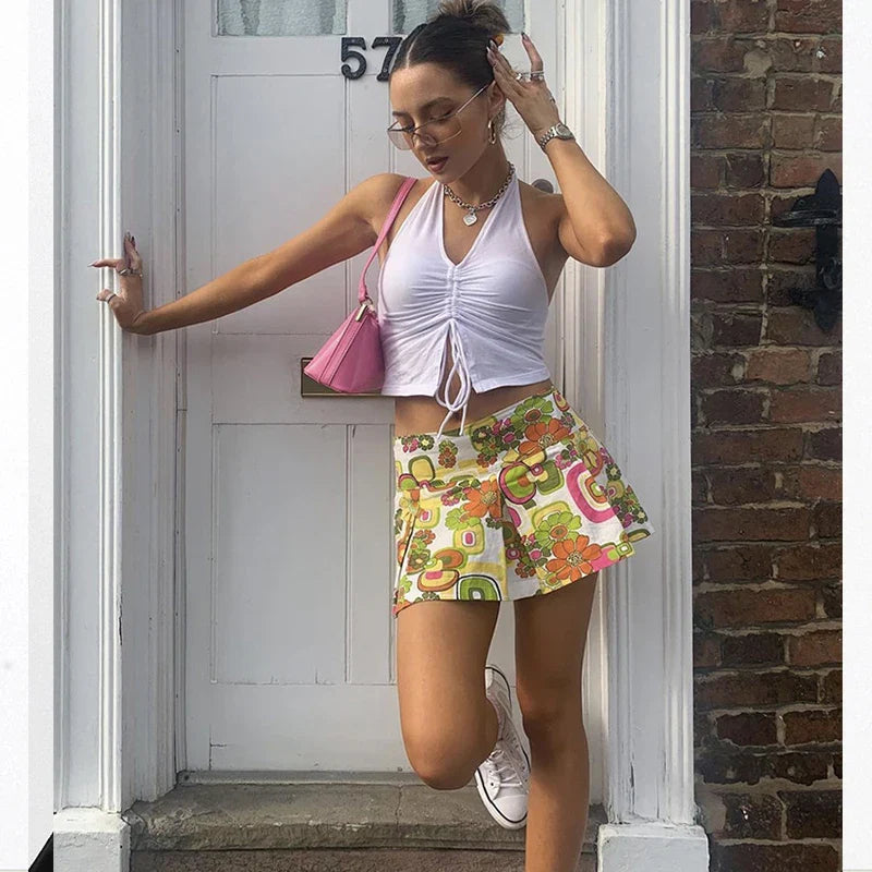 Fashion Women Lace Up Halter Black Sleeveless Drawstring Slim Fit Crop Club Summer Camis Streetwear