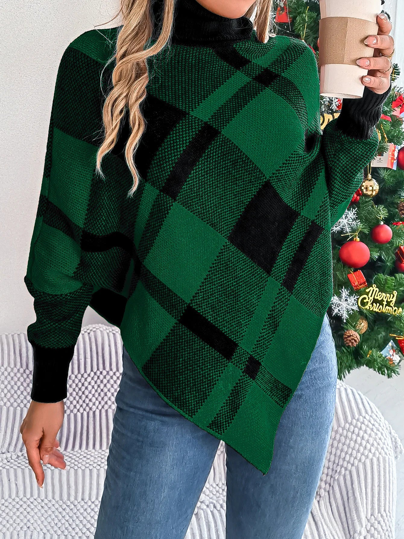 Fashionable Elegant Casual Color Contrasting High Collar Long Sleeve Christmas Sweater