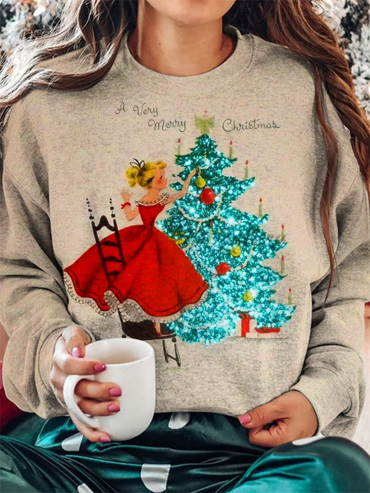 Elegant Casual Loose Round Neck Outdoor Autumn Winter Christmas Tree Hoodie