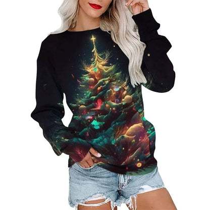 Elegant Casual Loose Round Neck Outdoor Autumn Winter Christmas Tree Hoodie