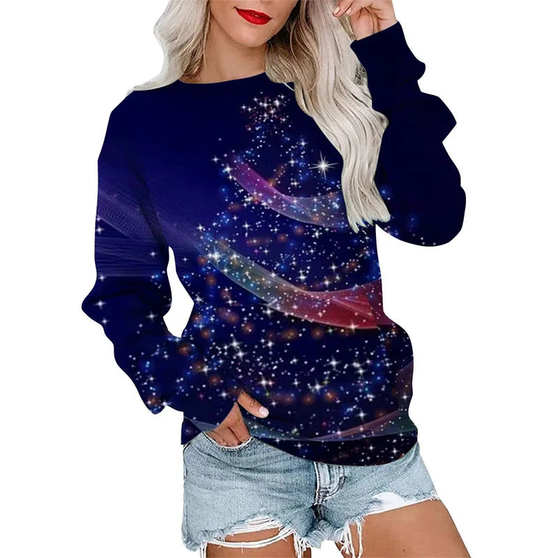 Elegant Casual Loose Round Neck Outdoor Autumn Winter Christmas Tree Hoodie