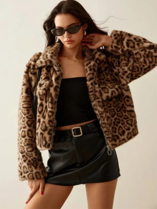 Long Sleeve Leopard Print Zipper Coat