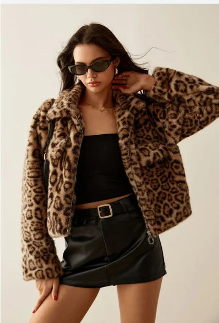 Long Sleeve Leopard Print Zipper Coat