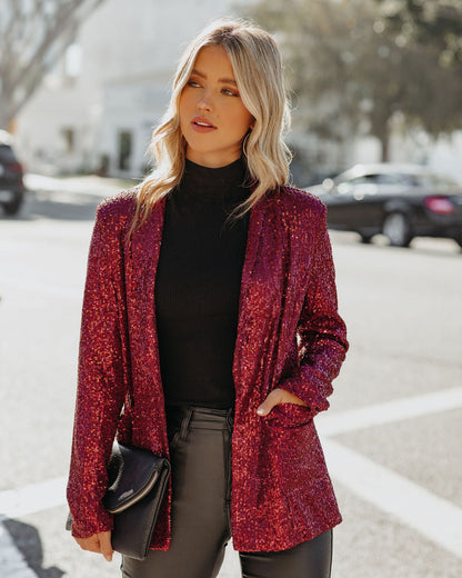 Burgundy Festive Flair Sequin Blazer with Pockets