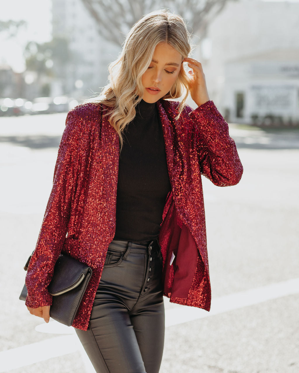 Burgundy Festive Flair Sequin Blazer with Pockets