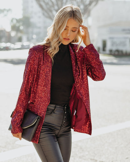 Burgundy Festive Flair Sequin Blazer with Pockets