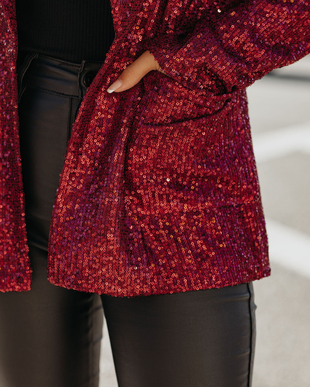 Burgundy Festive Flair Sequin Blazer with Pockets