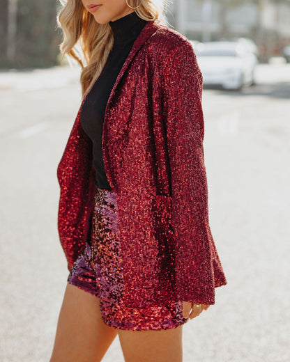 Burgundy Festive Flair Sequin Blazer with Pockets