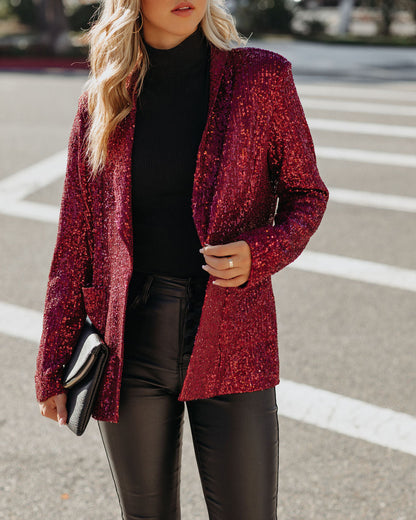 Burgundy Festive Flair Sequin Blazer with Pockets