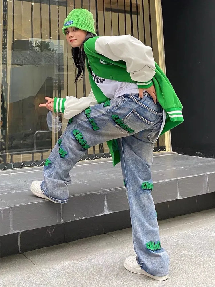Embroidery Hiphop Flocking Autumn Wide-Leg Fashion High Waist Style Pants Jean