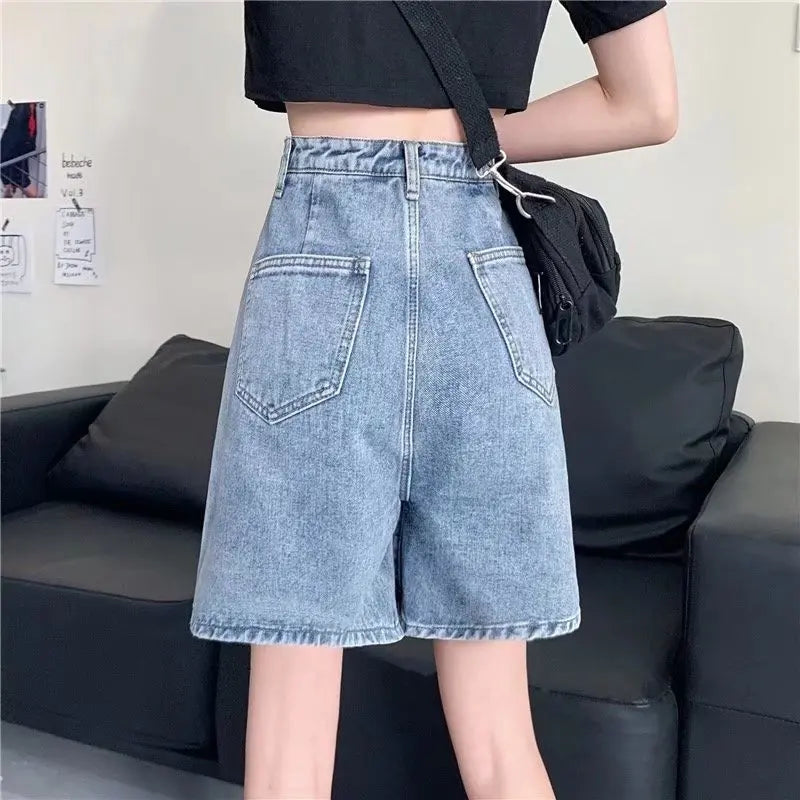 Streetwear Summer Half High-Waisted Belted Loose Female Short Fashion Jean