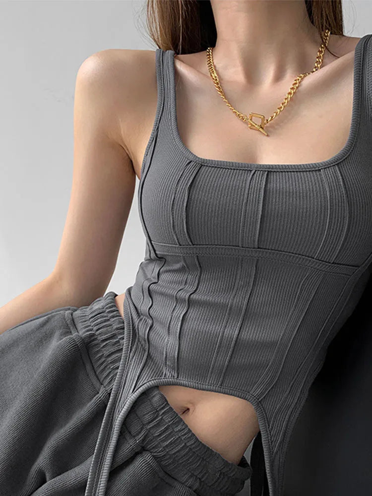 Safari Style Sleeveless Irregular Sort Tops Crop Top