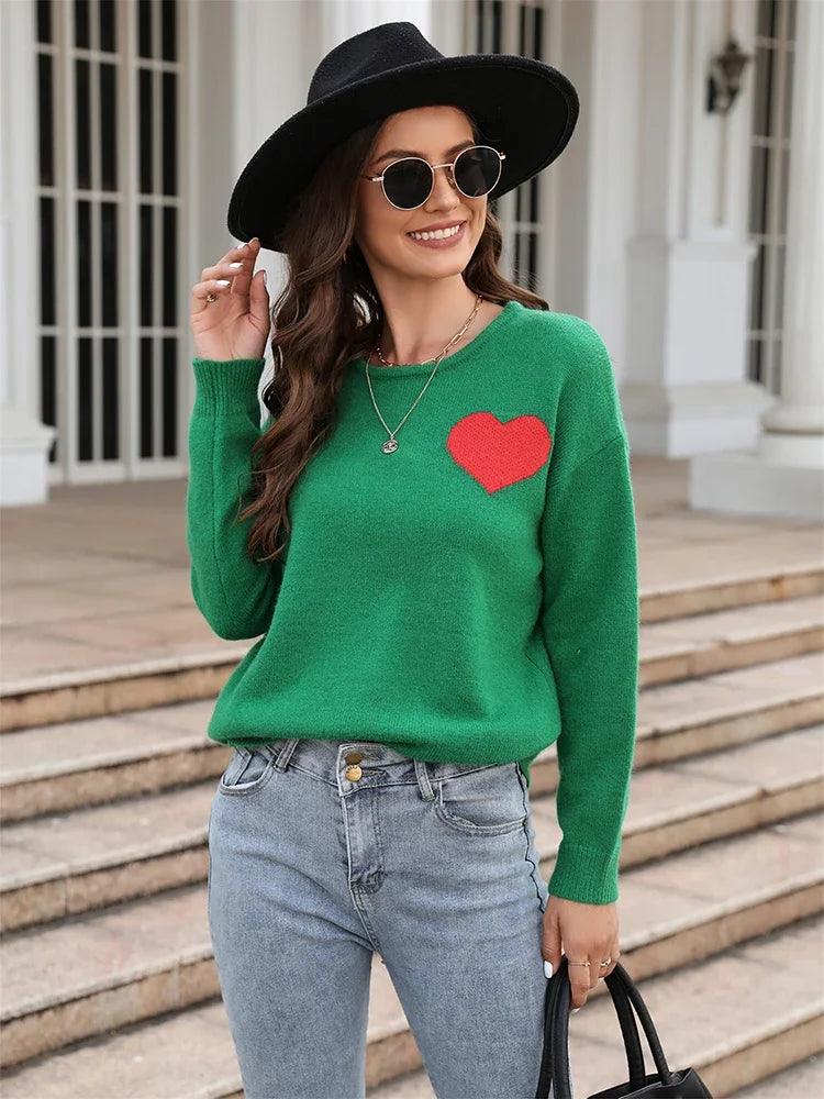 Fitshinling Heart Basic Autumn Winter Long Sleeve Cozy Green Christmas Sweater