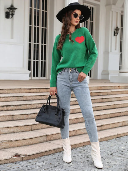 Fitshinling Heart Basic Autumn Winter Long Sleeve Cozy Green Christmas Sweater