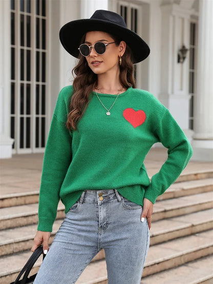 Fitshinling Heart Basic Autumn Winter Long Sleeve Cozy Green Christmas Sweater