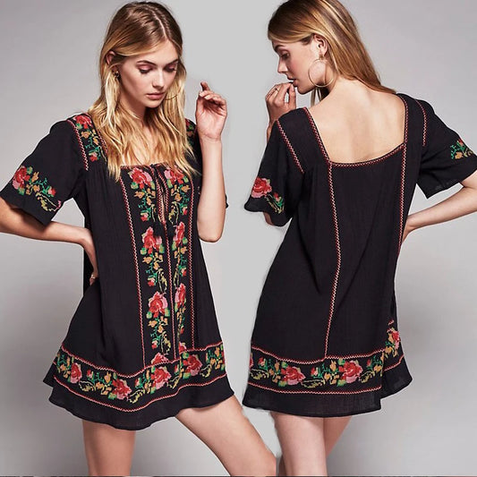 Floral Embroidery Cotton Square Collar Mini Dress Party Women Dress